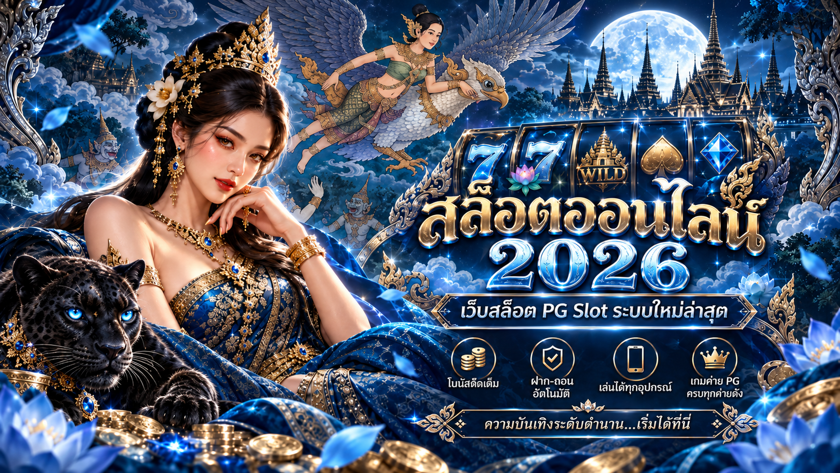 หน้าจอเกมสล็อตสมมติสำหรับอธิบายสัญลักษณ์และกติกา